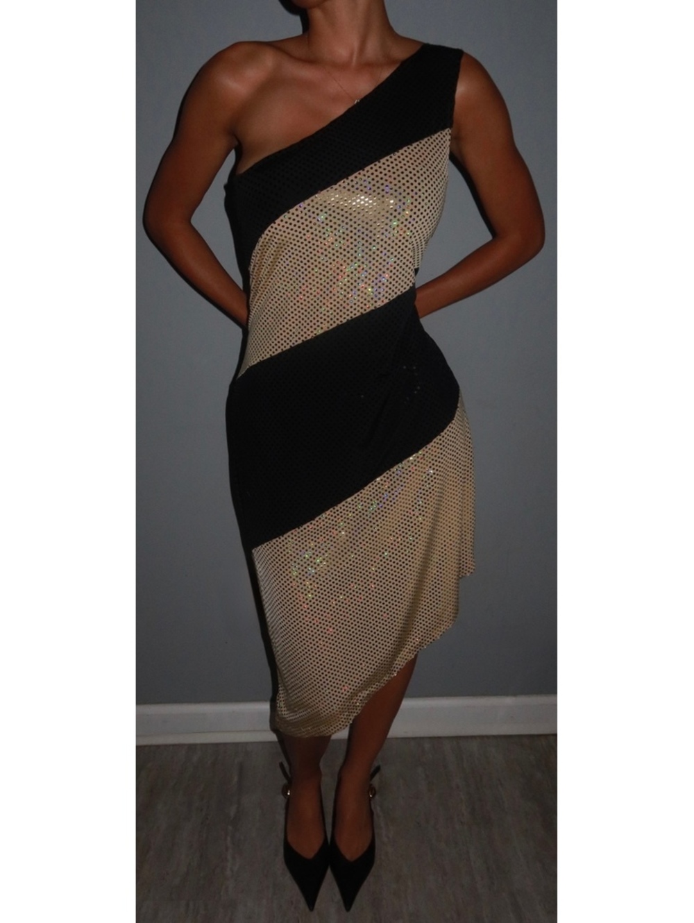 Vintage 90s Jessica McClintock Glam Gold Black Sequin midi Dress
